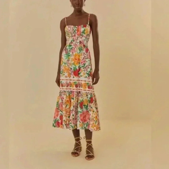 NWT FARM Rio Floral Sketch Tiered Cotton Tropical Backless Strappy Midi Dress L - Picture 7 of 11